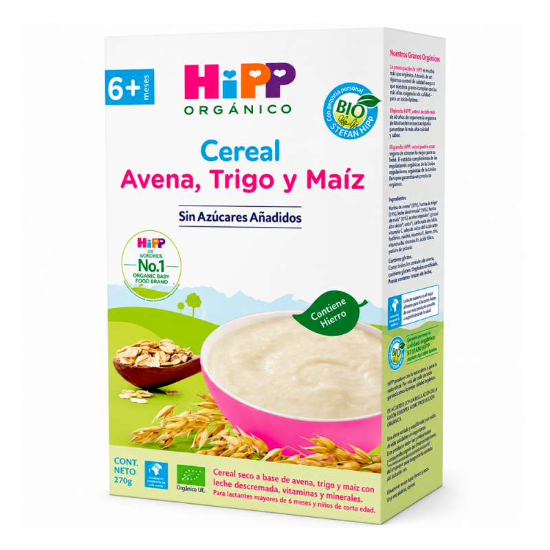 Cereal Orgánico para bebé: Avena, Trigo y Maíz, 270g