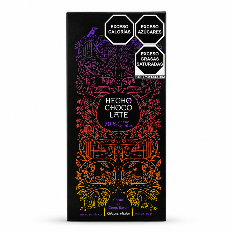Barra de Chocolate 70% Cacao con Nibs, 50g