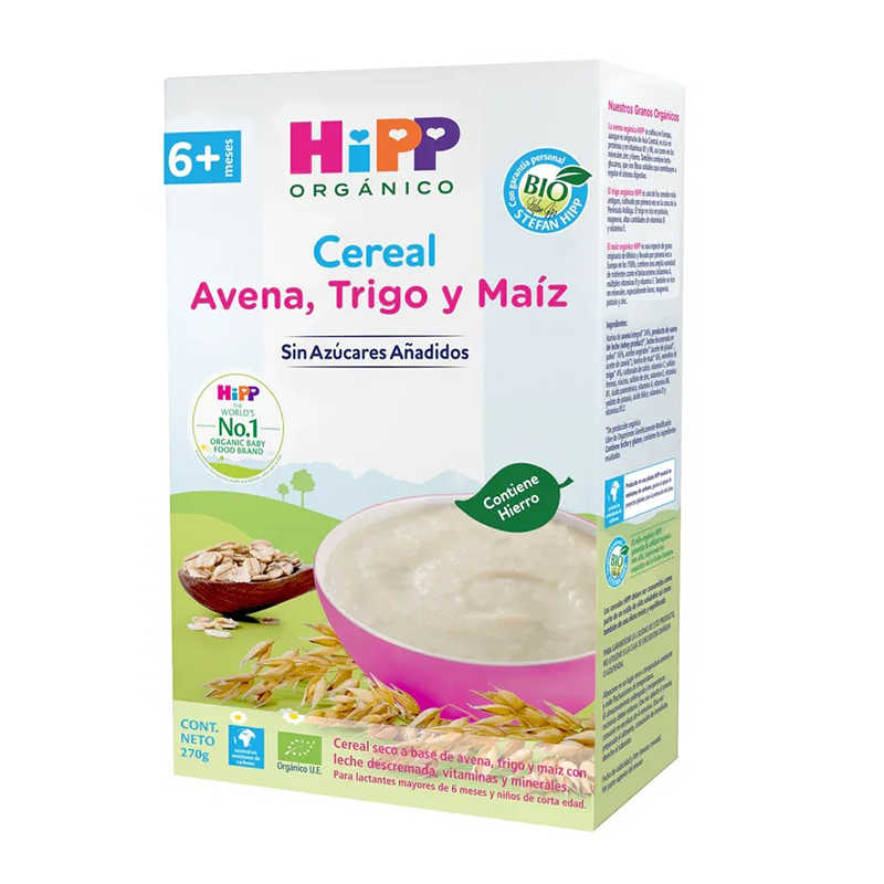 Cereal Orgánico para bebé: Avena, Trigo y Maíz, 270g