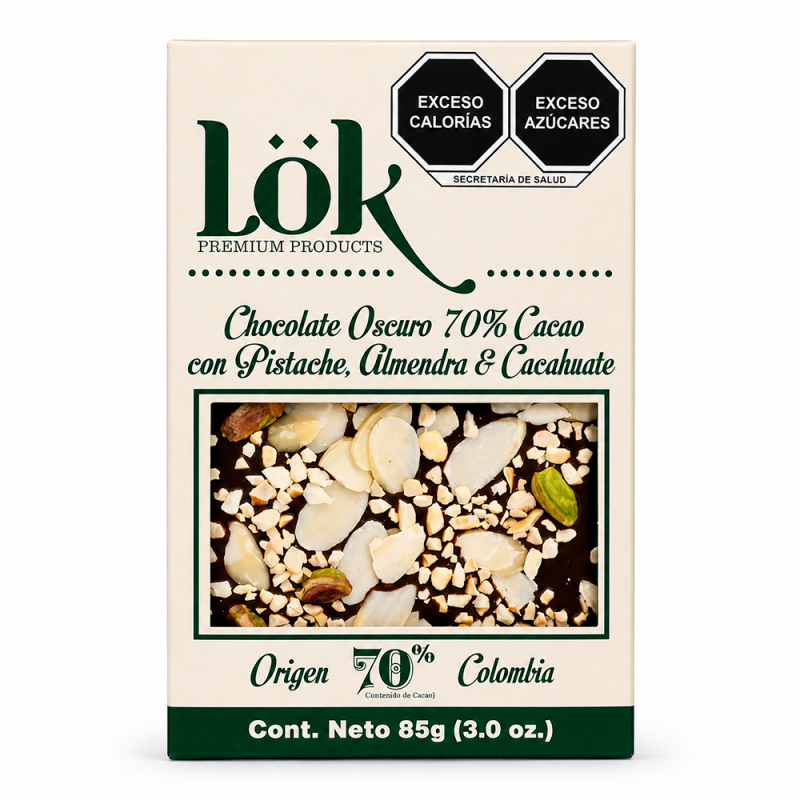 Chocolate Oscuro 70% Cacao Pistache, Almendra & Cacahuate, 85g