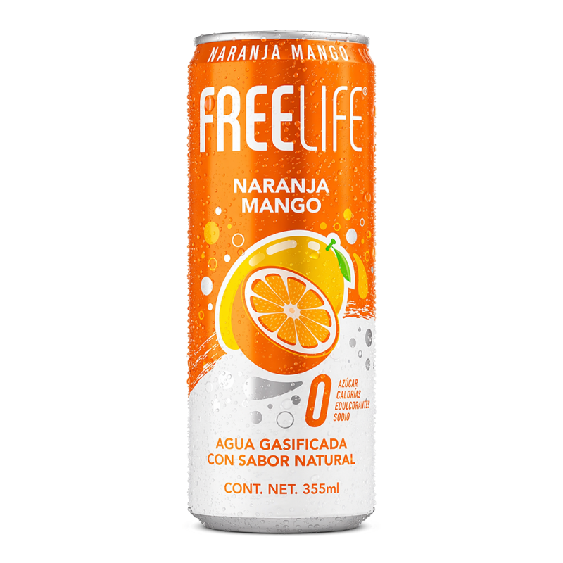 Agua Gasificada Freelife Naranja Mango, 355ml