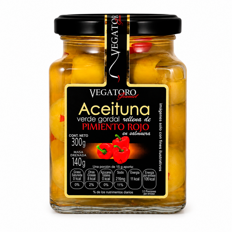 Aceituna Verde Gordal Rellena de Pimiento Rojo, 300g